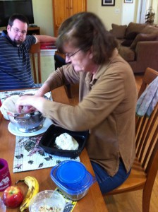 Mom fashions a tofurkey.