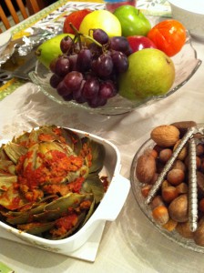 Thanksgiving staples in our family.  Fruit, nuts, and stuffed artichoke!